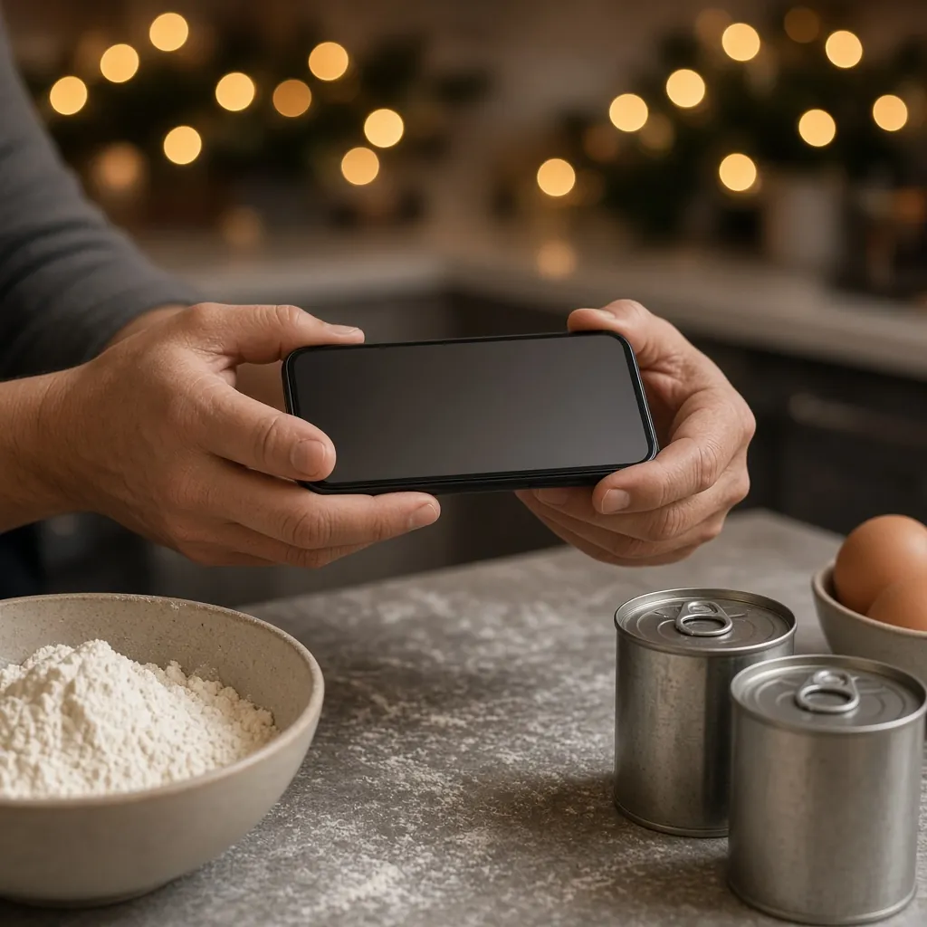 Mãos segurando um celular sobre a bancada com farinha, latas e ovos. Imagem ilustrativa