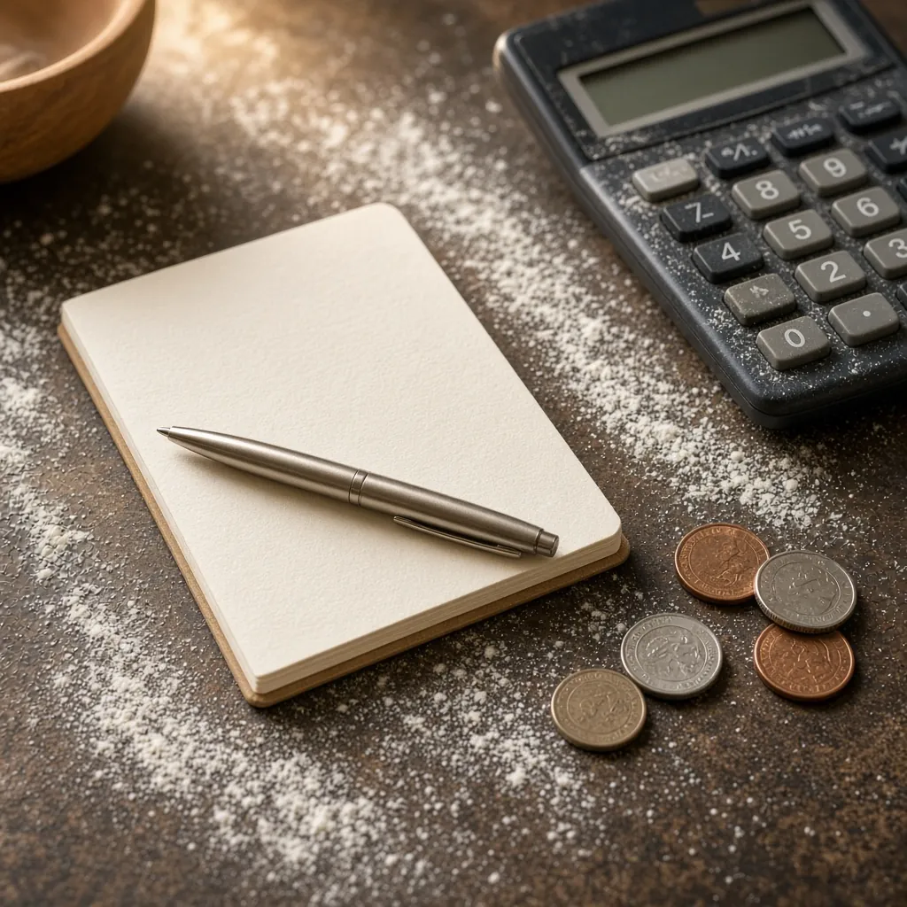 Caderno em branco, caneta, calculadora e moedas sobre a bancada. Imagem ilustrativa