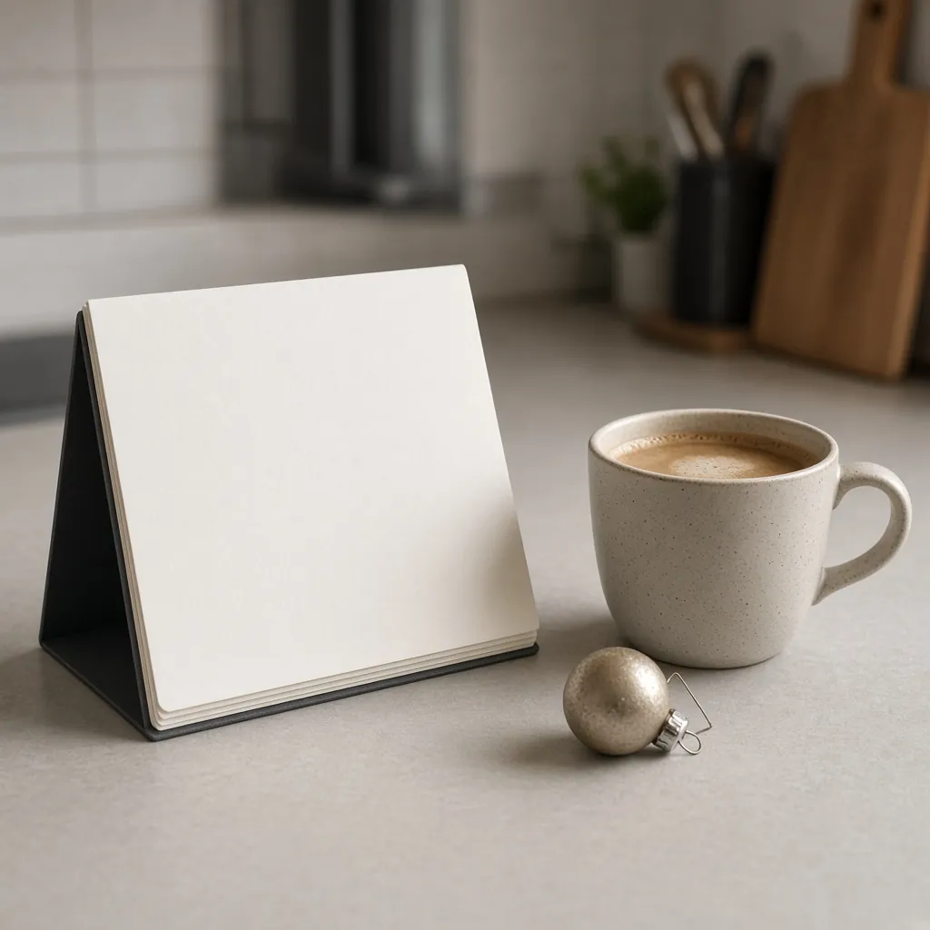 Calendário de mesa em branco ao lado de uma xícara de café e uma bola de Natal. Imagem ilustrativa