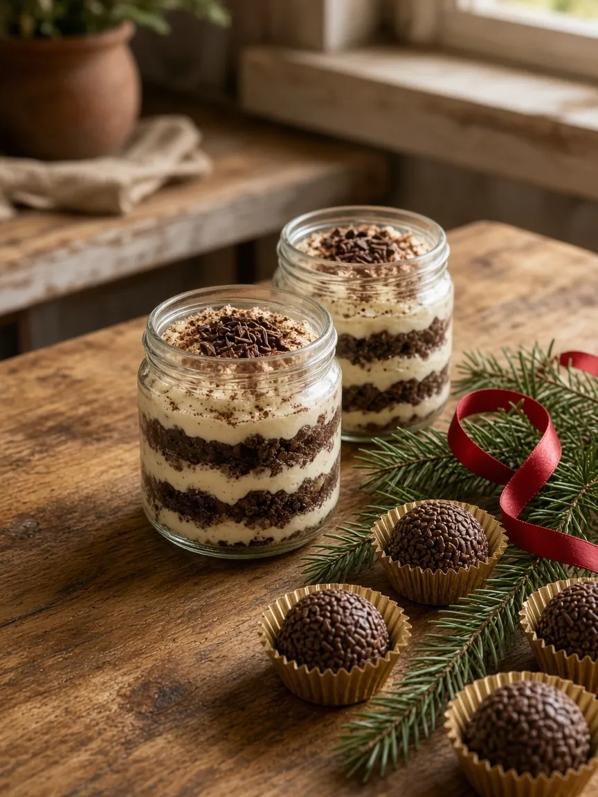 Mesa com potes de pavê, trufas em forminhas e ramo de pinheiro com fita vermelha. Imagem ilustrativa