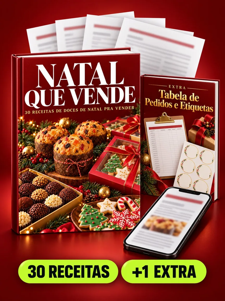 Montagem ilustrativa do Natal que Vende: livro com a capa, páginas do material e celular e capas dos bônus