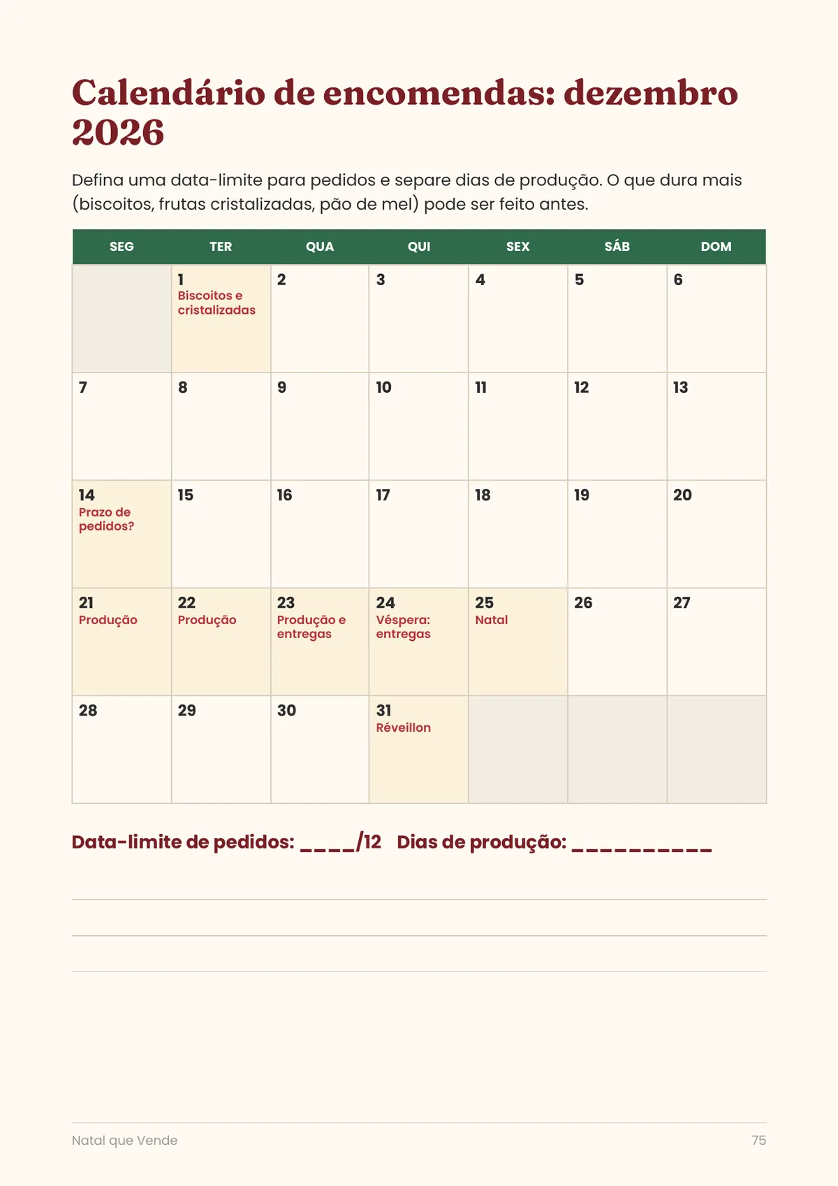Página real do PDF Natal que Vende: calendário de encomendas