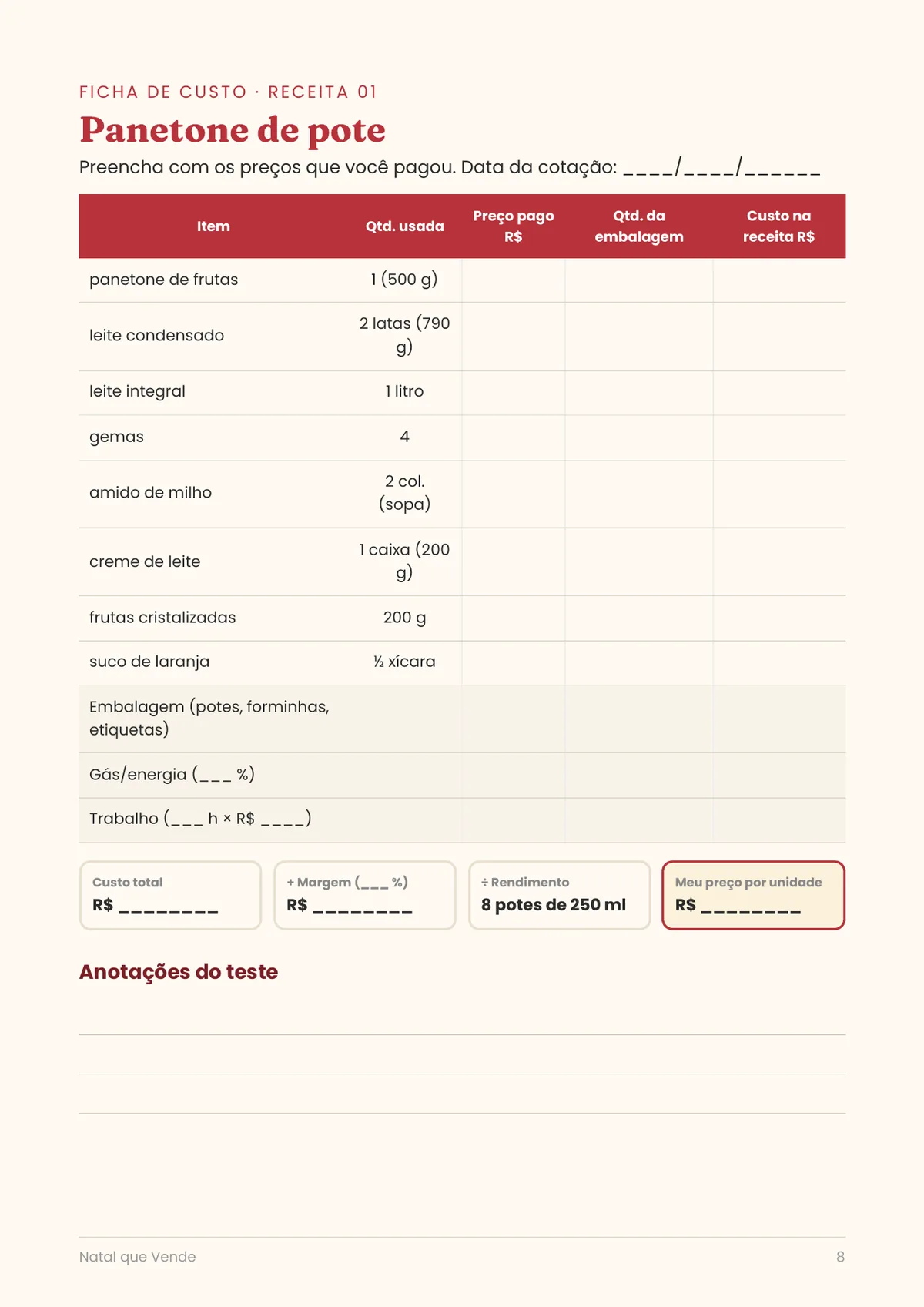 Página real do PDF Natal que Vende: ficha de custo