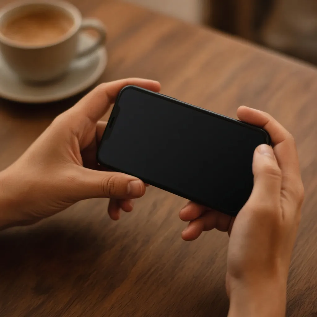 Mãos segurando um celular sobre a mesa, ao lado de um café. Imagem ilustrativa